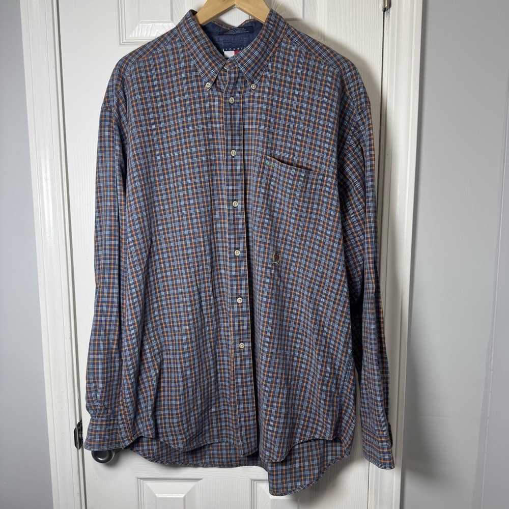 Vintage 1990s Tommy Hilfiger Embroidered Crest Plaid Button Up Shirt Men's XL